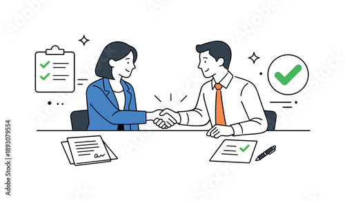 Successful Business Negotiation. Business meeting negotiation. Two professionals reaching agreement across the table, documents and checkmarks visible nearby.