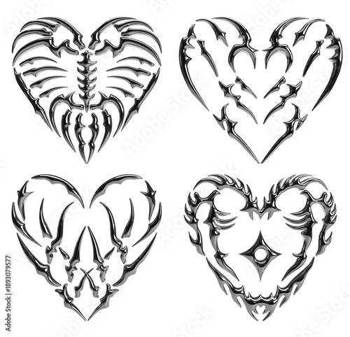 Foto Pack of chrome tribal hearts in Y2K style with 3D metallic texture and sharp shapes