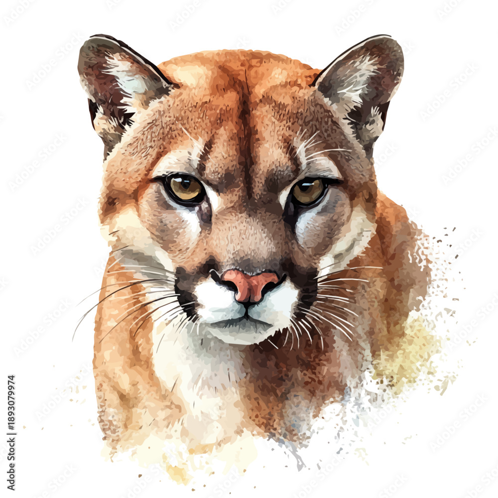 Obraz premium Cougar, watercolor illustration featuring soft shadows and luminous, isolated on a white background.