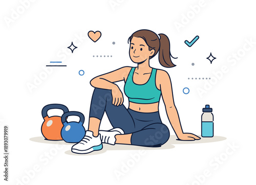 Strength Training Focus. A woman doing strength training with kettlebells ? fitness progress. Woman resting briefly between sets, kettlebells nearby, confident