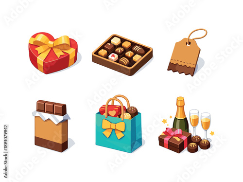 Isometric Chocolate Gifts. Chocolate Gifting. Isometric flat vector icons set of Chocolate Gifting: ribbon wrapped chocolate box, assorted praline tray,