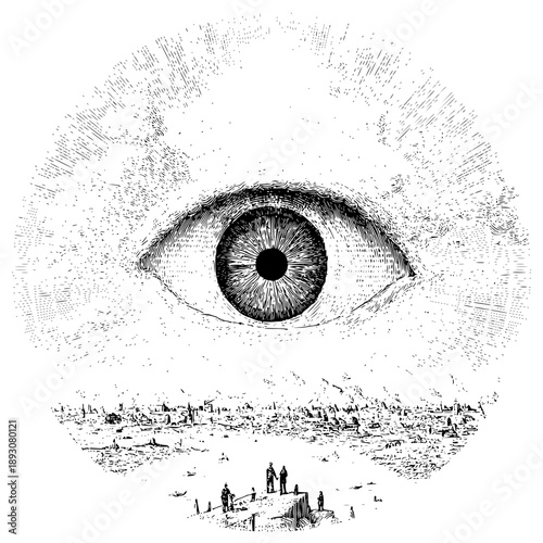 Eye overlooking a desolate landscape with small figures in black and white drawing style illustration