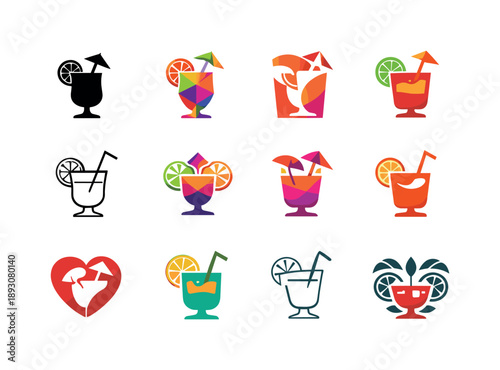 Party Drink Icons. party drinks. Icon set. Set Logo of party drinks: fruity mocktail glass. harmonious logo variations of the same emblematic concept, each