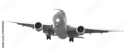 Halftone Airplane with Landing Gear in Flight Isolated on transparent background. Vector collage element for mixed media design, scrapbook  