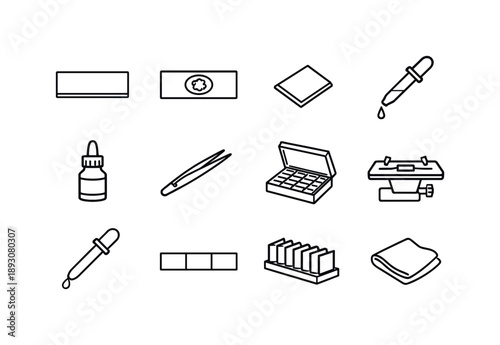 Microscope Slide Essentials. Complete Microscope Slide Essentials. Line icon set of Complete Microscope Slide Essentials: blank slide, prepared specimen, cover