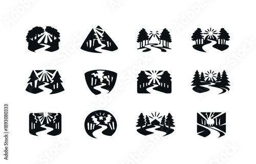 Forest Path Logo Set. Forest paths and trails with sun-dappled light. Icon set. Set Logo of Forest paths and trails with sun-dappled light: nature walk path.