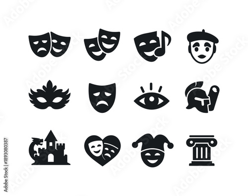 Theater Genre Icons. Theater genres. Solid icon set of Theater genres: drama symbol, comedy symbol, musical note mask, mime face, opera mask, tragedy mask,