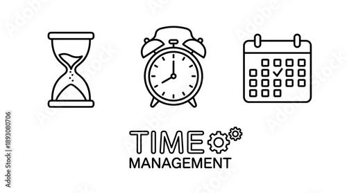 Thin line vector icons of time management featuring an hourglass, alarm clock, and calendar schedule with gears on a clean white background, perfect for productivity, planning, and business use.