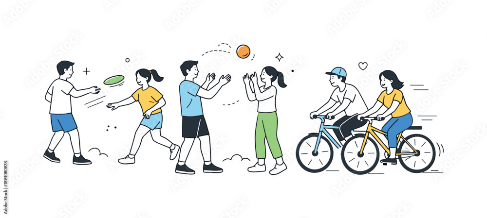 Fototapeta premium Friends Enjoying Park. Friends hanging out park activities. A relaxed scene showing friends playing frisbee, tossing a ball, or riding bikes together outdoors.