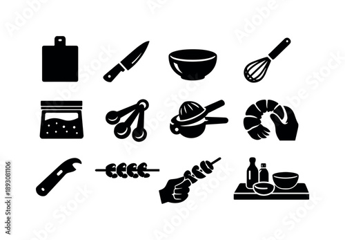 Shrimp Skewer Icons. Shrimp skewer preparation. Solid icon set of shrimp skewer preparation: cutting board, knife, mixing bowl, whisk, marinade bag, measuring