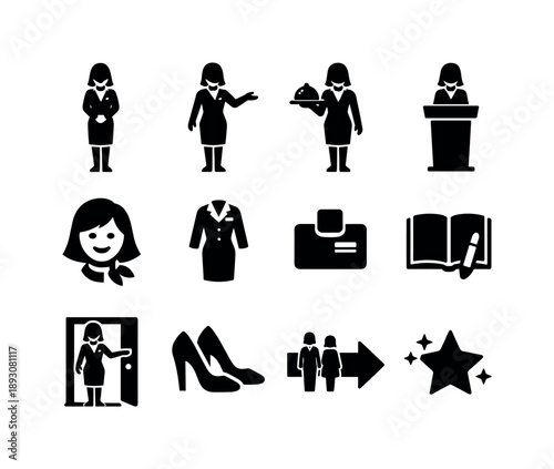 Hostess Icon Set. Hostess. Solid icon set of Hostess: female hostess standing, welcoming gesture, service tray, restaurant podium, smile face, formal dress,