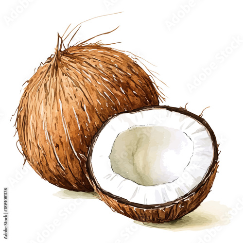 Coconut, watercolor clipart showing delicate textures and whimsical forms, isolated on a white background.