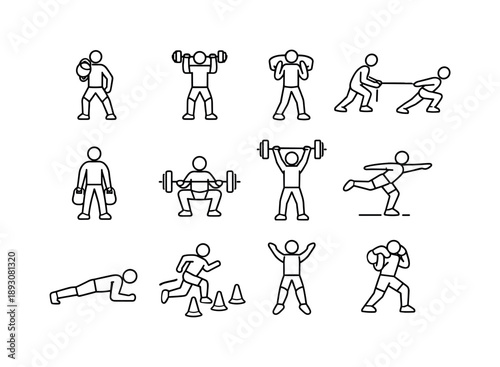 Functional HIIT Icons. Functional HIIT. Line icon set of Functional HIIT: kettlebell clean, dumbbell thruster, sandbag carry, push pull motion, farmer carry,