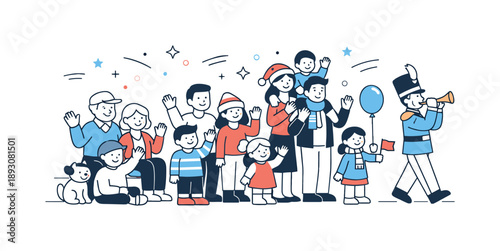 Joyful Parade Celebration. People at holiday parade watching. Families and friends waving gently as performers go by. Sense of community and joyful public