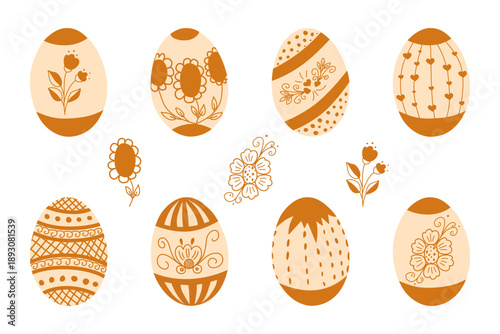 Vintage vector Easter eggs set decorated in beautiful floral ornament and folk art. Holiday decorations isolated on the white background.