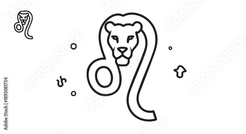 A minimalist line art illustration of a lion's head surrounded by simple shapes and symbols, presented in a clean and modern style