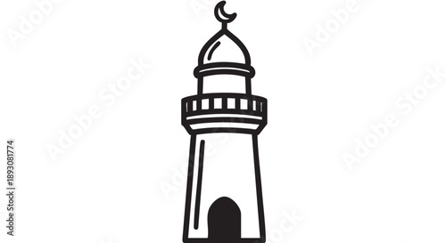 Simple black and white illustration of a mosque minaret with a crescent moon on top viewed from the front
