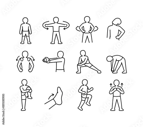 Stretching Icon Set. Warm-up stretching. Line icon set of Warm-up stretching: jumping jack prep, arm circles, torso rotation, neck tilt, shoulder rolls, wrist