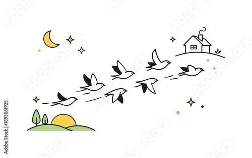 Birds Returning Home. Birds flying back home illustration. Simplified silhouettes of birds returning after winter, airy composition with open space and calm