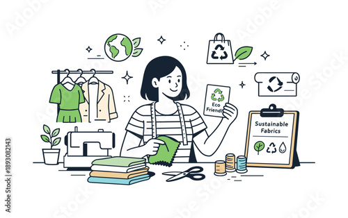 Eco-Friendly Fashion Design. Innovations in textile recycling. A fashion designer working with eco-friendly fabrics while checking sustainability labels. The