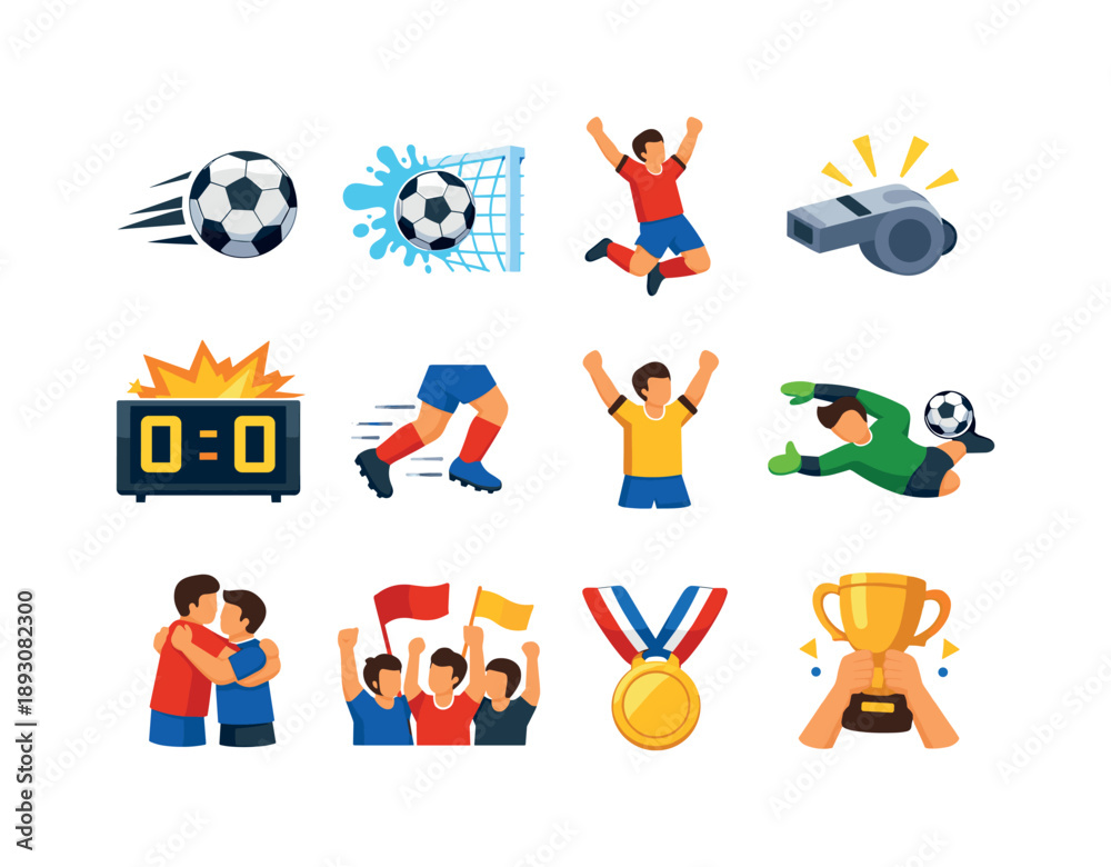 Fototapeta premium Game-Winning Icons. Game-winning moment. Colorful flat vector icons set of Game-winning moment: kicked ball, net splash, jumping player, final whistle,