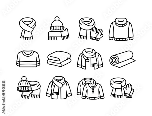 Wool Accessories Icons. Wool Accessories. Line icon set of Wool Accessories: wool scarf accessory, matching scarf and hat, scarf with gloves, winter fashion