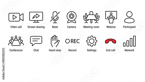 Set of 14 Video Conferencing Line Icons for Online Meetings and Remote Work, Featuring Video Call, Screen Sharing, Mute, Camera, Meeting Room, Webinar, Participant, Conference, Chat, and Hand Raise.