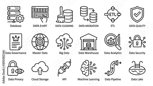 Set of 18 Data Management Line Icons: Database, Data Entry, Cleaning, Migration, ETL, Quality, Governance, Master Data, Big Data, Warehouse, Analytics, Security, Privacy, Cloud, API, Machine Learning.
