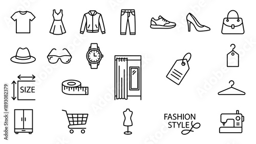 Professional collection of 20 fashion and apparel line icons including clothing, shoes, accessories, size chart, fitting room, price tag, hanger, shopping cart, mannequin, and sewing machine.