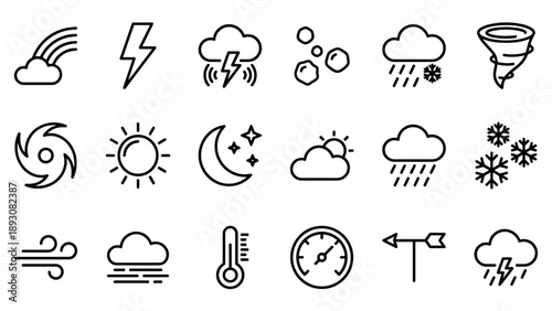 Set of 18 Minimalist Weather Line Icons Featuring Rainbow, Lightning, Thunderstorm, Hail, Sleet, Tornado, Hurricane, Sun, Moon, Clouds, Rain, Snowflakes, Wind, Fog, Thermometer, and Barometer Symbols