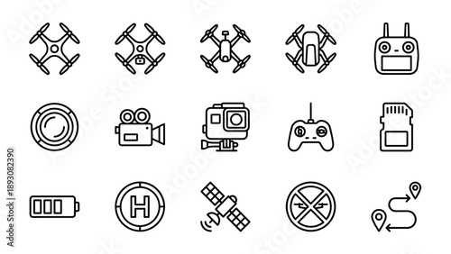 Collection of 15 Minimalist Drone and Aerial Photography Line Icons Featuring Quadcopters, Remote Controllers, Action Cameras, SD Cards, Batteries, and Navigation Symbols in a Vector Style.
