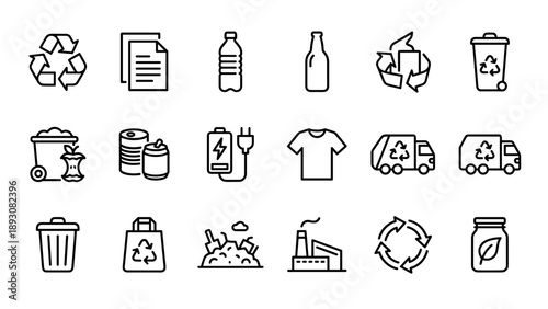 Set of 18 Minimalist Recycling and Waste Management Line Icons Featuring Symbols for Plastic, Glass, Paper, Organic Waste, Garbage Trucks, Bins, Batteries, and Sustainable Environmental Care.