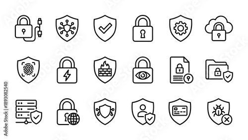 Minimalist Cyber Security and Data Protection Line Icon Set featuring Shields, Padlocks, Firewall, Cloud Security, Fingerprint Access, Secure Server, Network Safety, and Privacy Vector Graphics.