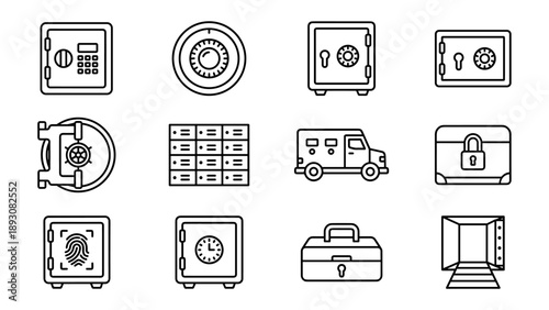 Minimalist Vector Set of Safe Box and Vault Line Icons for Financial Security, Featuring Digital Keypads, Combination Locks, Armored Trucks, Safety Deposit Boxes, Fingerprint Scanners, and Chests.