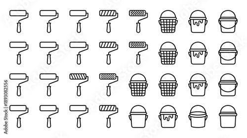 Vector Set of Painting Roller and Bucket Line Icons in Minimalistic Style, Featuring Various Textured Rollers and Paint Pails for Home Renovation, Construction, and Interior Design Projects.
