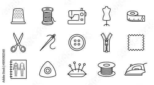 Minimalist Vector Line Icon Set for Sewing, Tailoring, and Fashion Design Featuring Thimble, Thread Spool, Sewing Machine, Mannequin, Tape Measure, Scissors, Needle, Button, Zipper, and Iron