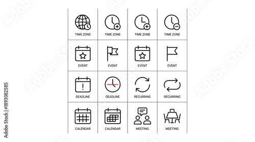 Minimalist Vector Thin Line Icon Set for UI/UX Design. 16 Unique Symbols for Calendar, Time Zone, Event, Deadline, Recurring, and Meeting. Professional Black and White Graphics for Web and Apps.