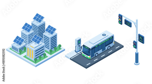 Isometric vector illustration of a sustainable smart city featuring modern buildings with rooftop solar panels, an electric bus at a charging station, and a smart traffic light on white background.
