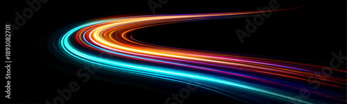 Neon curves sweep across the frame with rapid motion blur. The artwork visualizes cyber speed and data flow. Bright trails glow dynamically.
