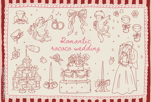 Whimsical romantic rococo wedding line art doodles. Cupids, wedding cake, champagne, wedding flowers and decor. Cute coquette aesthetic valentine hand drawn vector set of romantic celebration icons