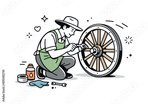 Wagon Wheel Repair. Wagon wheel maintenance. A person gently inspecting or repairing a wagon wheel, focused and careful work. The scene conveys craftsmanship,