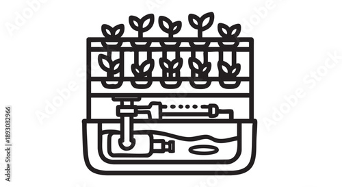 Hydroponic system illustration showcasing plants growing in a controlled environment from a side viewpoint