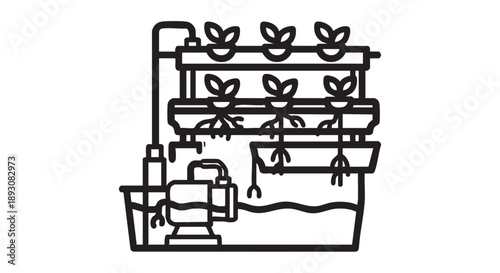 Hydroponic system illustration showing plants growing in a controlled multi-tiered setup with pipes and machinery