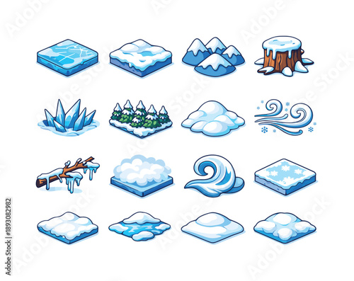 Frozen Landscape Icons. Frozen landscape. Colorful isometric vector icons set of frozen landscape: icy lake tile, frosted ground, snowcaps, winter tree stump,