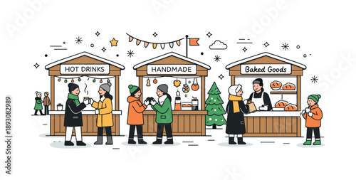Winter Festival Market. Winter outdoor festival market. Visitors browsing wooden booths with simple signs and decorations, relaxed pace and friendly gestures.