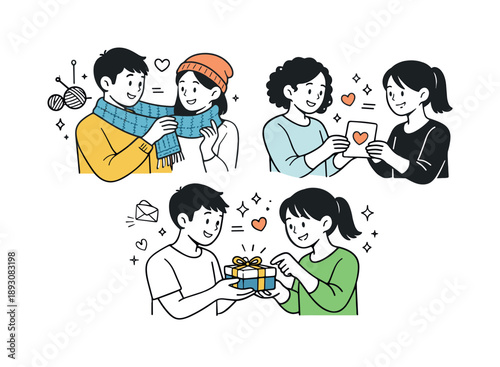 Handmade Gift Exchange. Friends exchanging handmade gifts details. Close interaction with simple handcrafted items like knitted scarves, cards or small boxes.