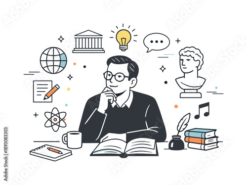 Thoughtful Intellectual Portrait. Portrait of an intellectual thought leader. A focused individual with glasses and thoughtful expression, surrounded by books,