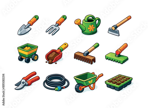 Sustainable Farming Icons. Sustainable farming tools. Colorful isometric vector icons set of sustainable farming tools: hand trowel, garden fork, watering can,