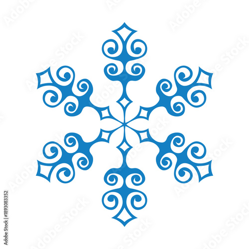 Blue template snowflake with shadow. Isolated snowflakes icon, round mandala. Winter Holiday cartoon flat illustration. Merry Christmas and New year Vector. Hand draw style.