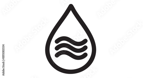 A simple black and white illustration of a water droplet with wavy lines inside, symbolizing liquid or water conservation